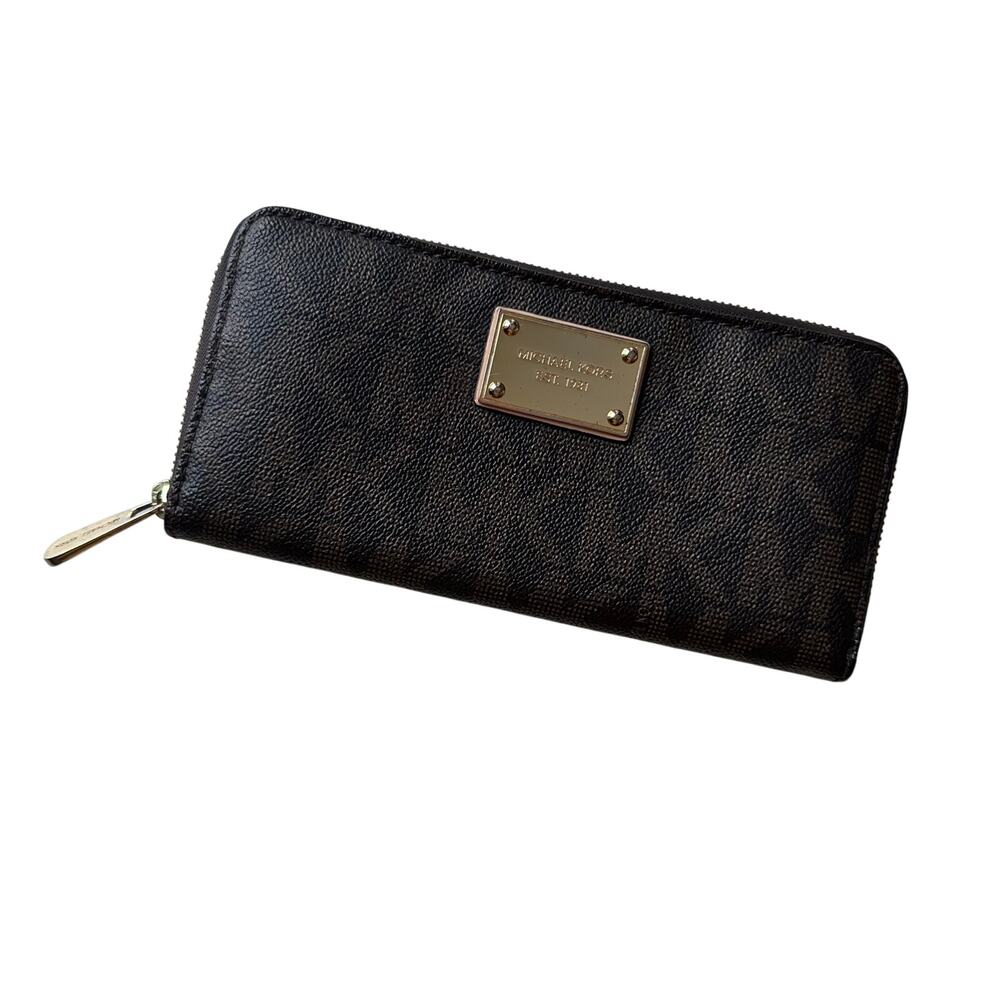 Michael Kors Logo Monogram Dark Brown Gold Zip Wallet Jet Set Continental Wallet